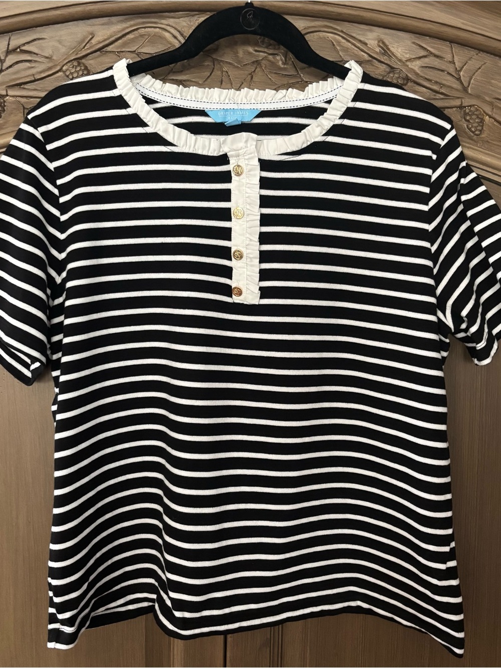 Draper James RSVP Black and White Striped Ruffle Trim Henley XL